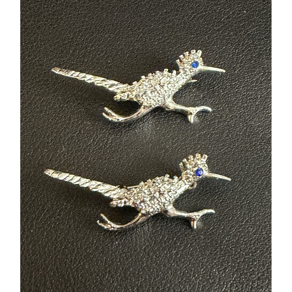 Vintage Roadrunner Bird Brooch Set of 2 Pins Silver Tone Blue Rhinestone Eye